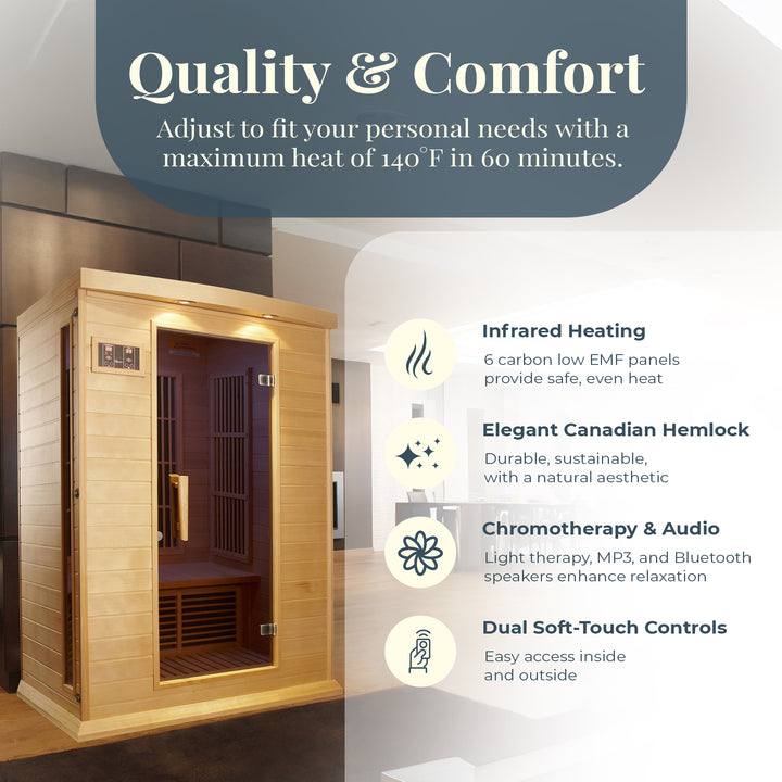 Dynamic Saunas Toulouse 2 Person Infrared Sauna w/Speakers, Canadian Hemlock