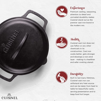 Cuisinel Pre Seasoned Cast Iron Skillet 3 Multi Sized Cooking Pan Set with Lids