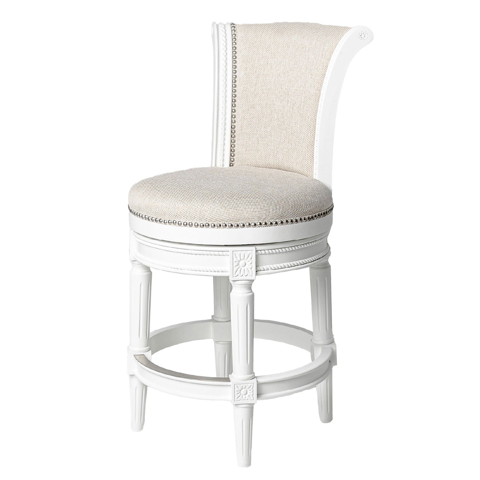 Maven Lane Pullman Counter Stool, Alabaster White Finish Cream Fabric Upholstery - VMInnovations