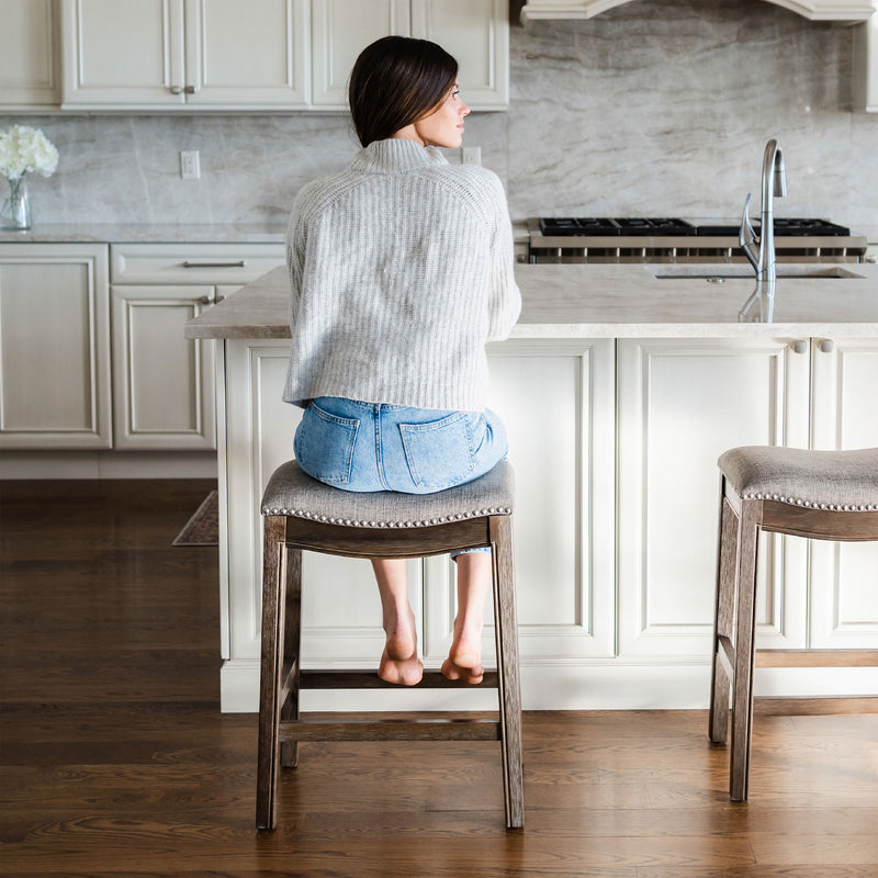 Maven Lane Adrien Backless Saddle Kitchen Counter Stool in Walnut Finish w/ Grey Fabric Upholstery