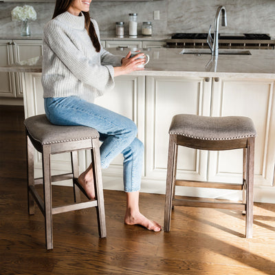 Maven Lane Adrien Saddle Kitchen Bar Stool in Walnut Finish w/ Grey Fabric Upholstery