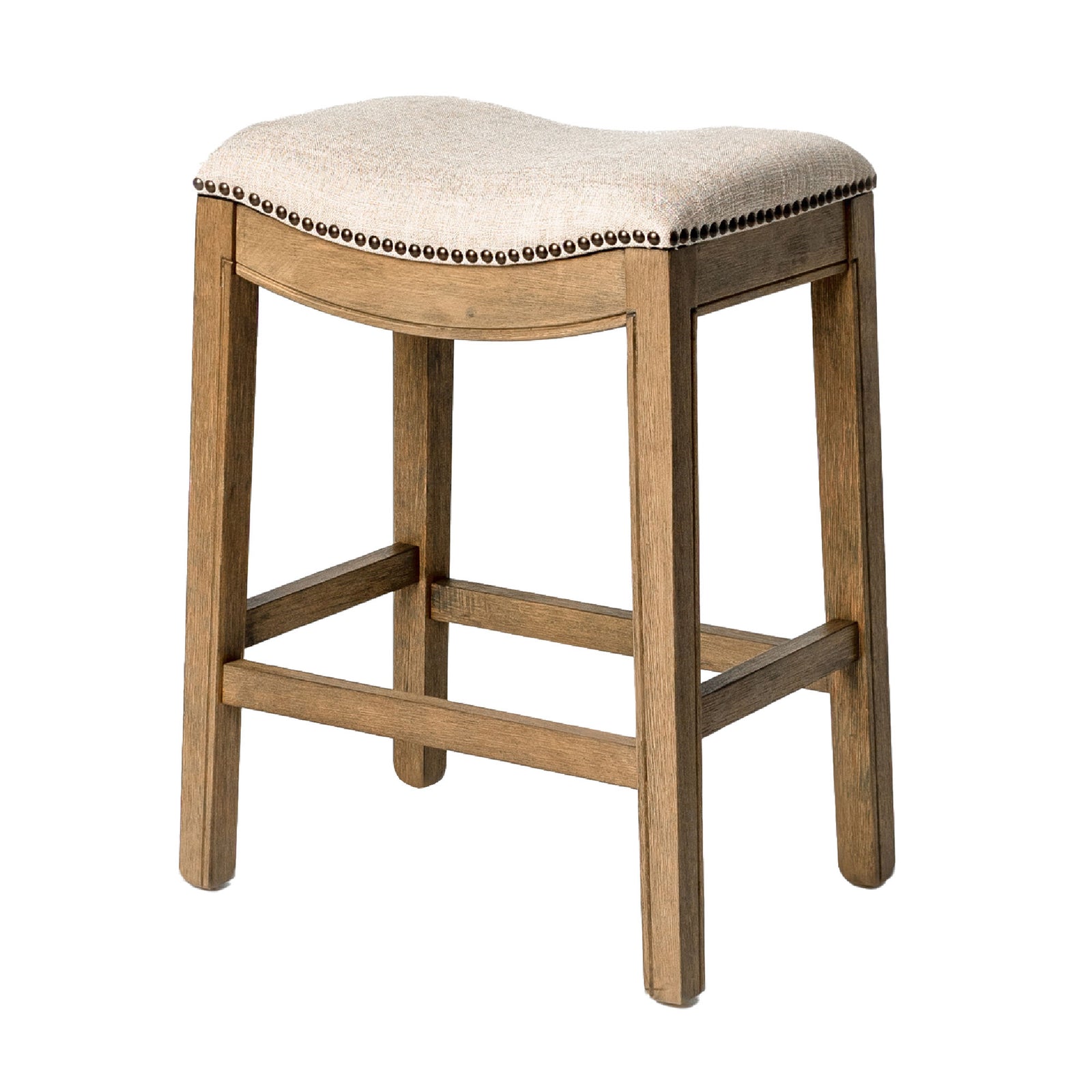 Maven Lane Adrien Saddle Counter Stool in Natural Wood Finish w/ Wheat Cream Fabric Upholstery - VMInnovations