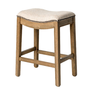 Maven Lane Adrien Saddle Counter Stool in Natural Wood Finish w/ Wheat Cream Fabric Upholstery