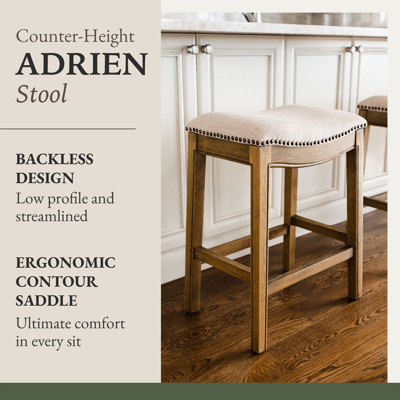 Maven Lane Adrien Saddle Counter Stool in Natural Wood Finish w/ Wheat Cream Fabric Upholstery