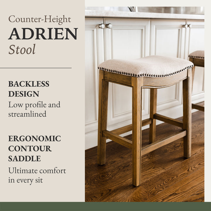 Maven Lane Adrien Saddle Counter Stool in Natural Wood Finish w/ Wheat Cream Fabric Upholstery