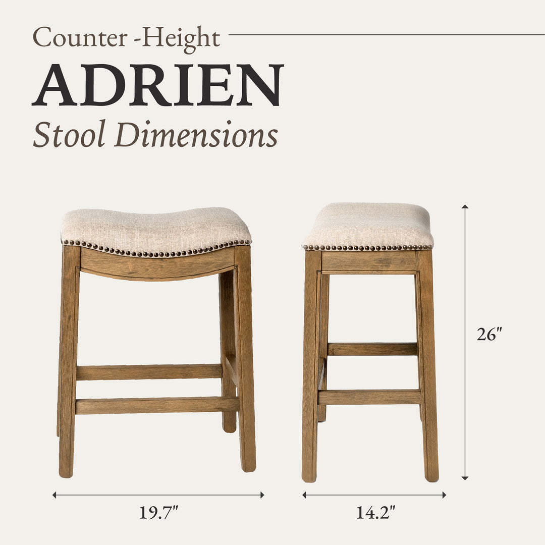 Maven Lane Adrien Saddle Counter Stool in Natural Wood Finish w/ Wheat Cream Fabric Upholstery