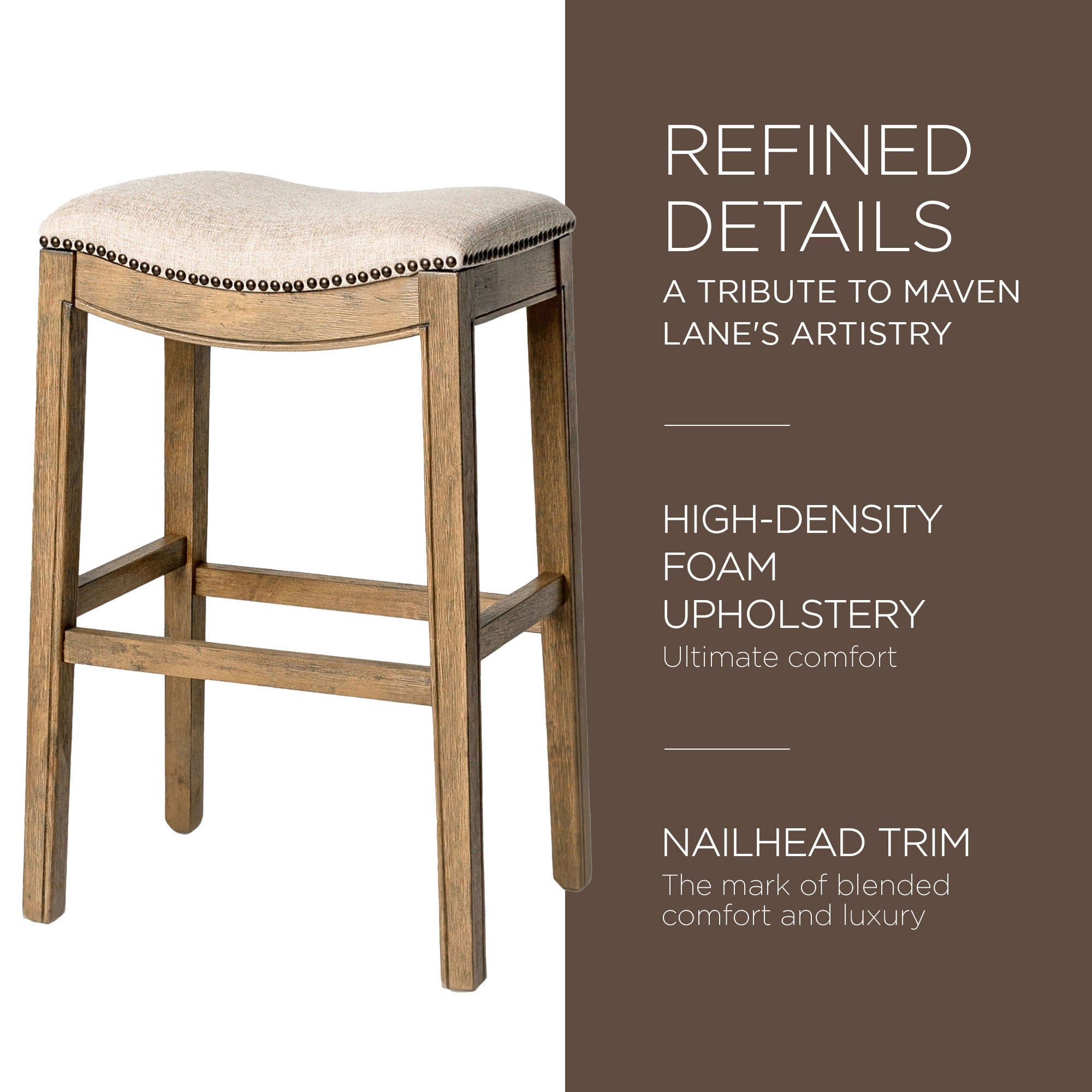 Maven Lane Adrien Saddle Bar Stool with Nailhead Trim, Natural (Used) (4 Pack) - VMInnovations