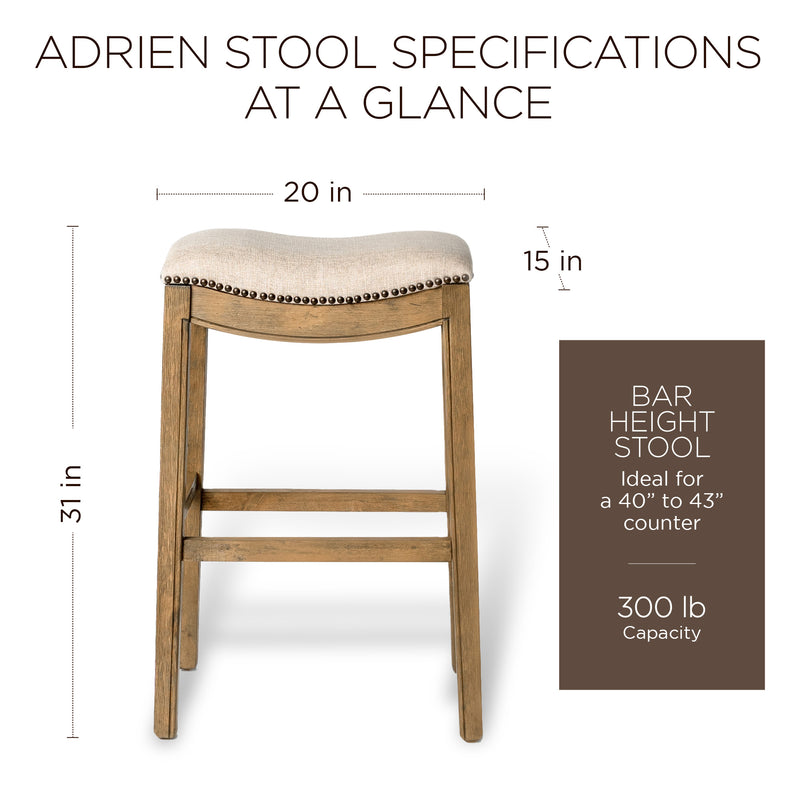 Maven Lane Adrien Saddle Barstool in Natural Wood Finish w/ Wheat Cream Fabric Upholstery