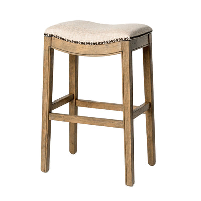 Maven Lane Adrien Saddle Barstool in Natural Wood Finish w/ Wheat Cream Fabric Upholstery