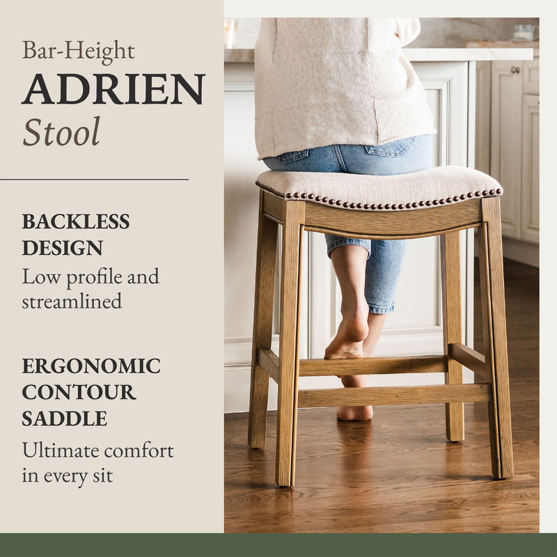 Maven Lane Adrien Saddle Barstool in Natural Wood Finish w/ Wheat Cream Fabric Upholstery