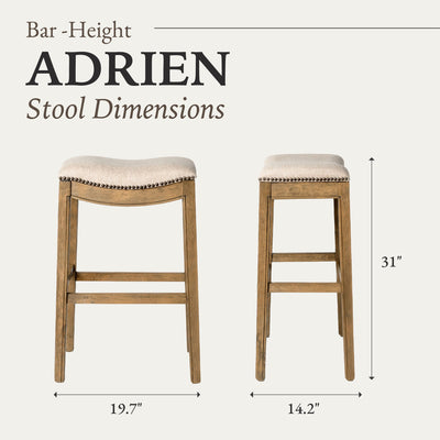 Maven Lane Adrien Saddle Barstool in Natural Wood Finish w/ Wheat Cream Fabric Upholstery