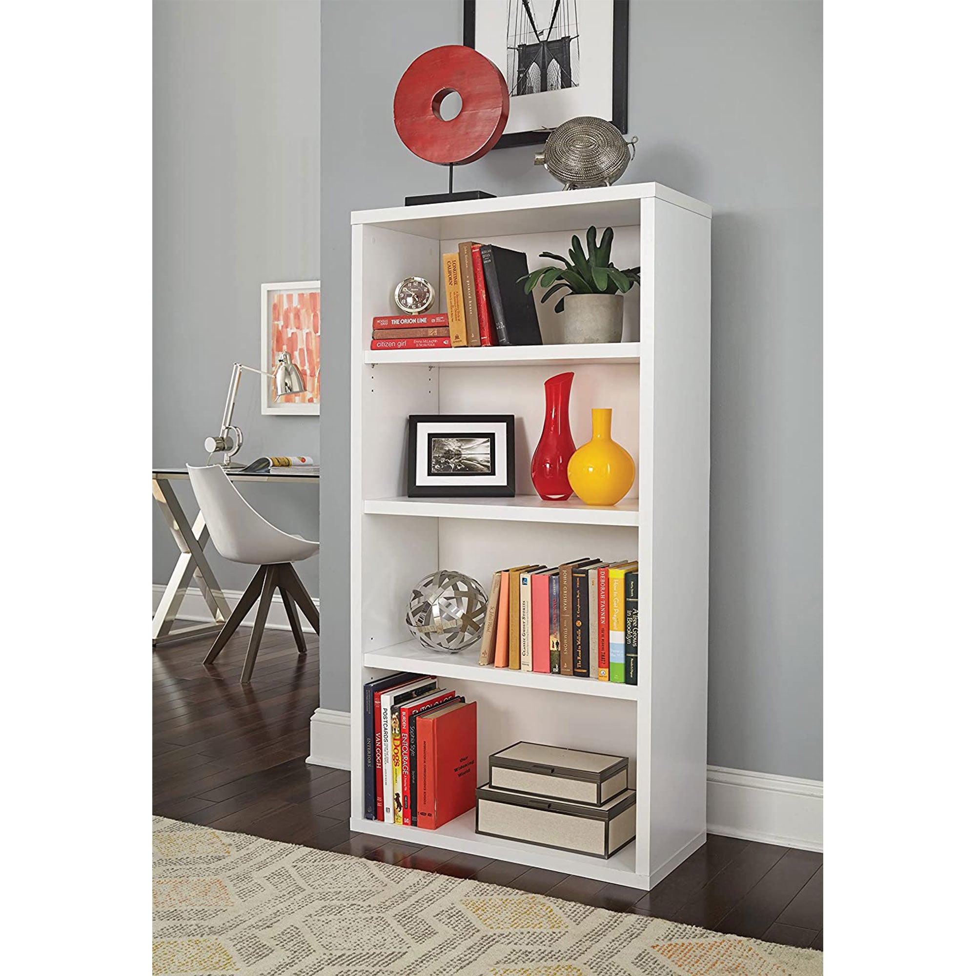 ClosetMaid Decorative Modern Rectangular 4 Tier Shelf Wooden Bookcase, White - VMInnovations