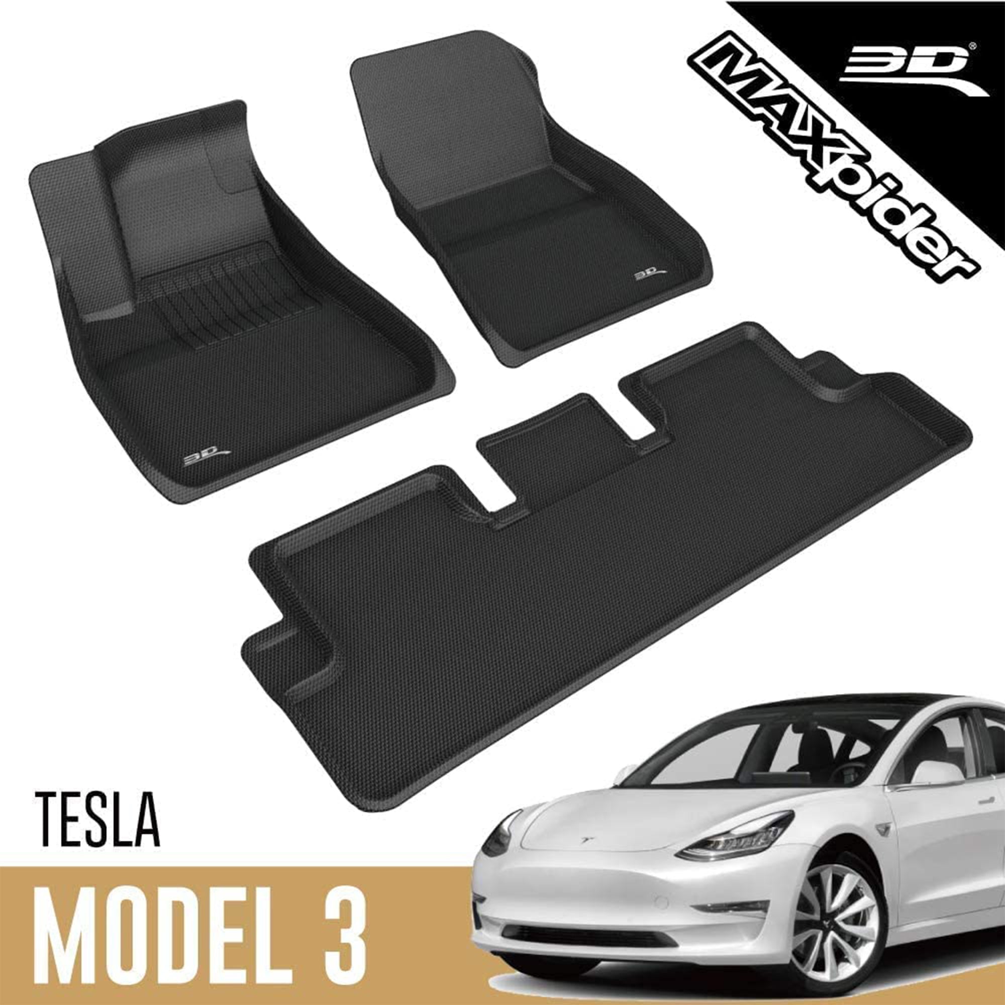 3D Kagu Series 1st/2nd Row Floor Mat Set, 20-23 Tesla Model 3, Black (Used) - VMInnovations