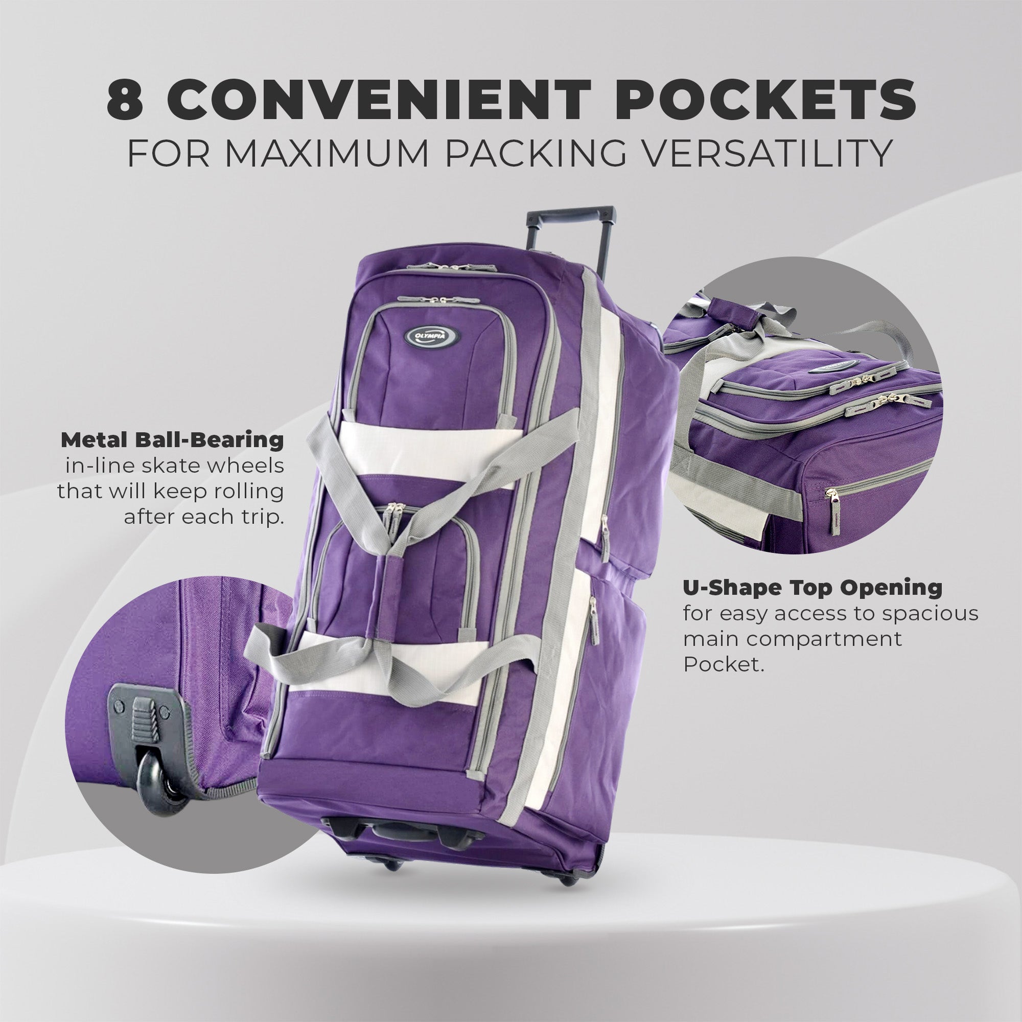 Olympia 33 Inch 8 Pocket U Shape Rolling Duffel Bag with Handle (Used) - VMInnovations
