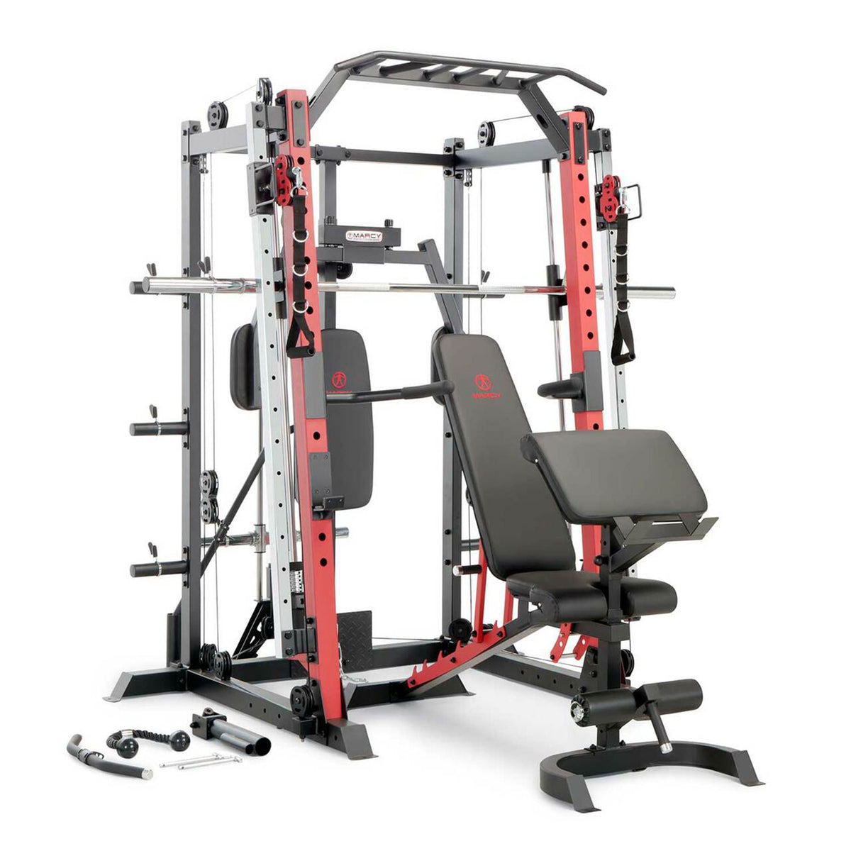 Marcy Smith Machine Cage Multifunctional Home Gym Full Body Workout Station, Red
