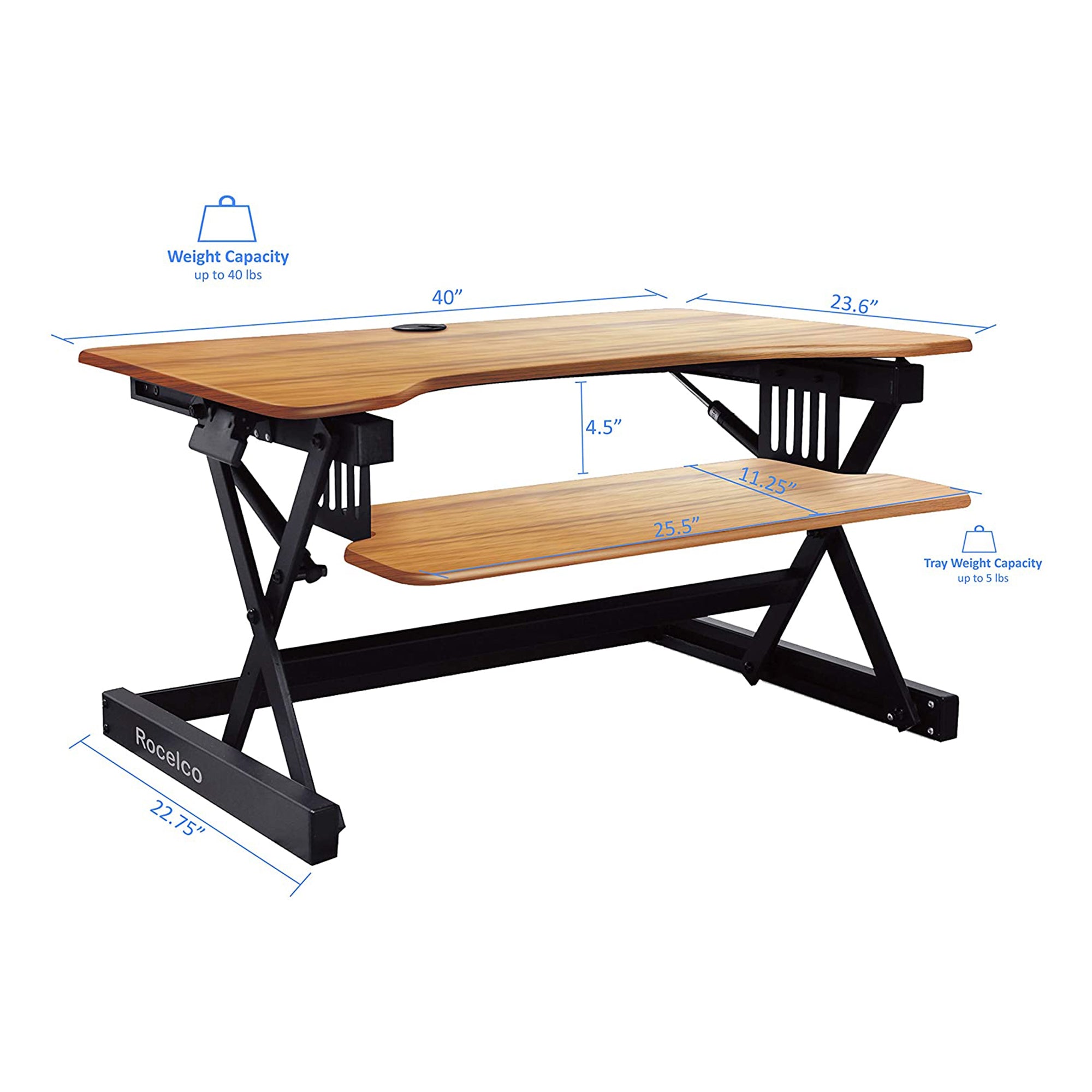 Rocelco Standing Desk Converter 40 Inch Deluxe Adjustable Support Riser, Teak