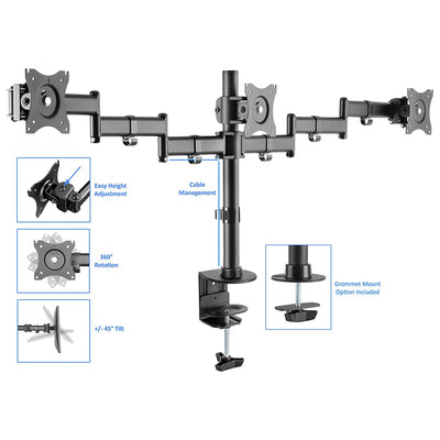 Rocelco Premium Adjustable Triple Monitor Desk Mount, Fits 13-27 In LED Screens