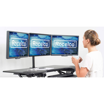 Rocelco 46 In Standing Desk Converter & Triple Monitor Stand w/ Cable Clips