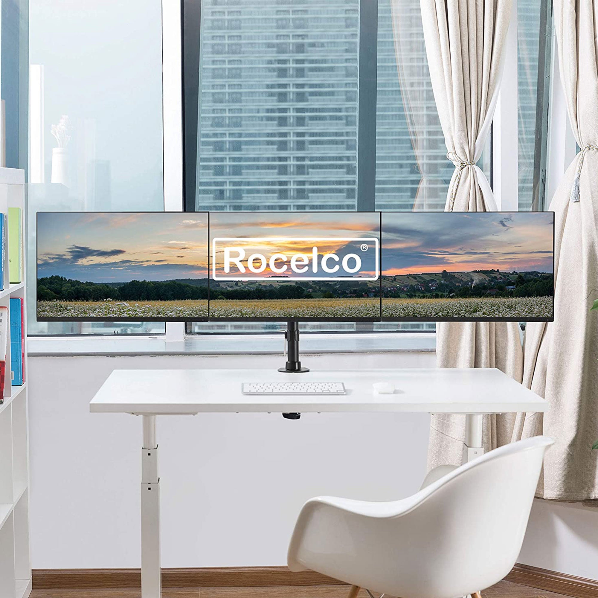 Rocelco 46 Inch Standing Desk Converter and Adjustable Triple Monitor Desk Mount - VMInnovations