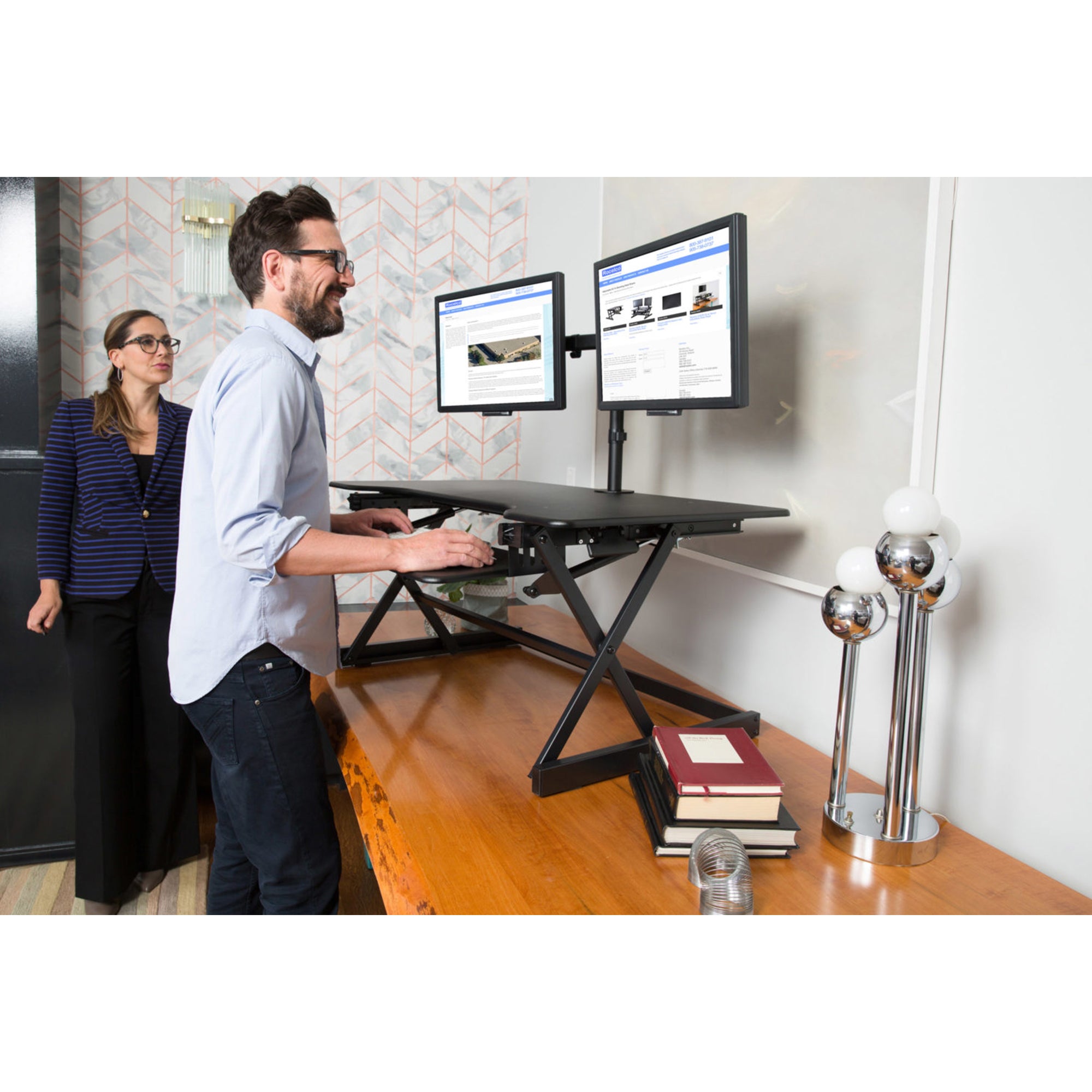 Rocelco 40 Inch Standing Desk Support Riser, Black and Dual Monitor Desk Mount