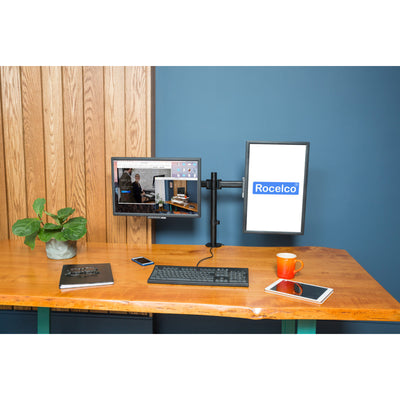 Rocelco Premium Double Monitor Desk Mount, Fits 13-27 In LED Screens (Open Box)