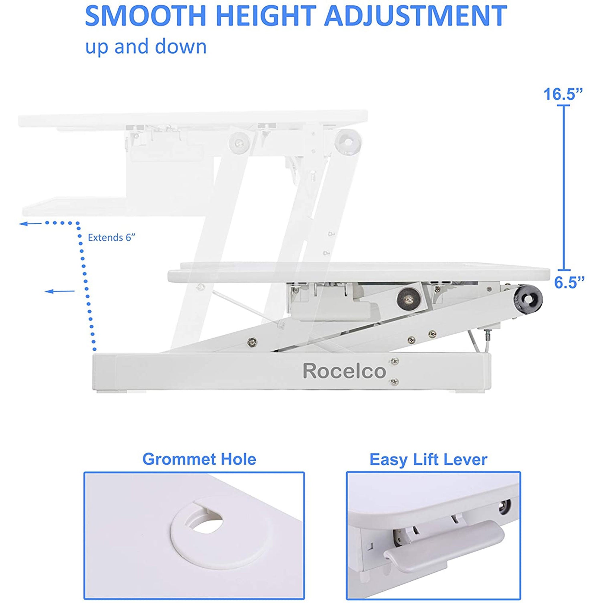 Rocelco Standing Desk Converter 37.5 Inch Deluxe Adjustable Support Riser, White