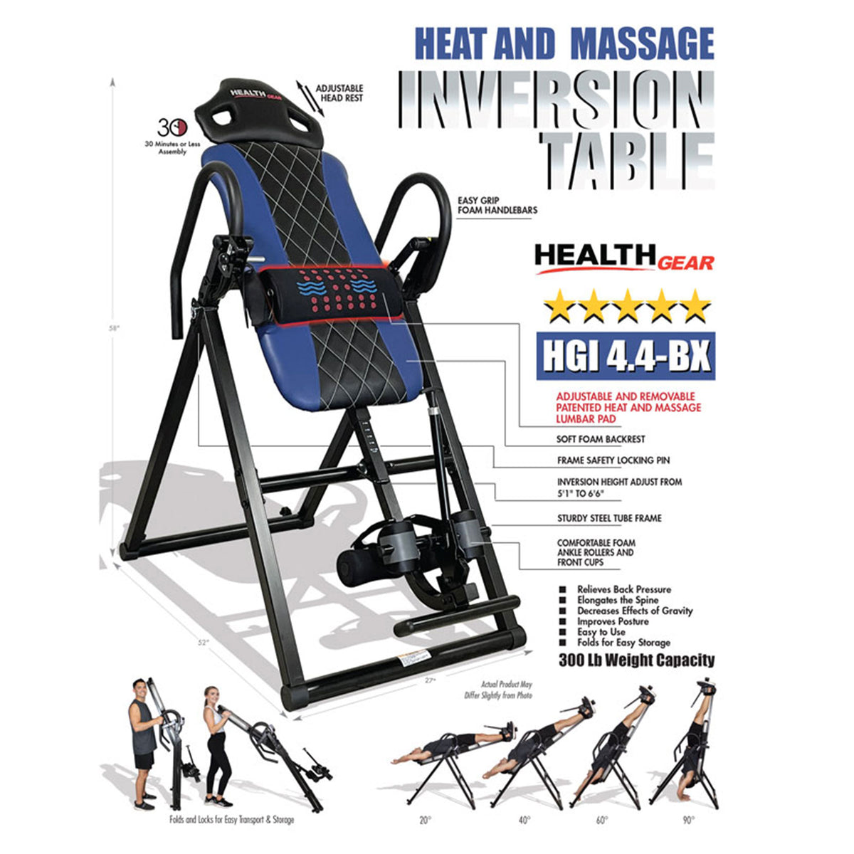 Health Gear 4.4 Advanced Heat & Vibration Massage Inversion Table, Blue/Black