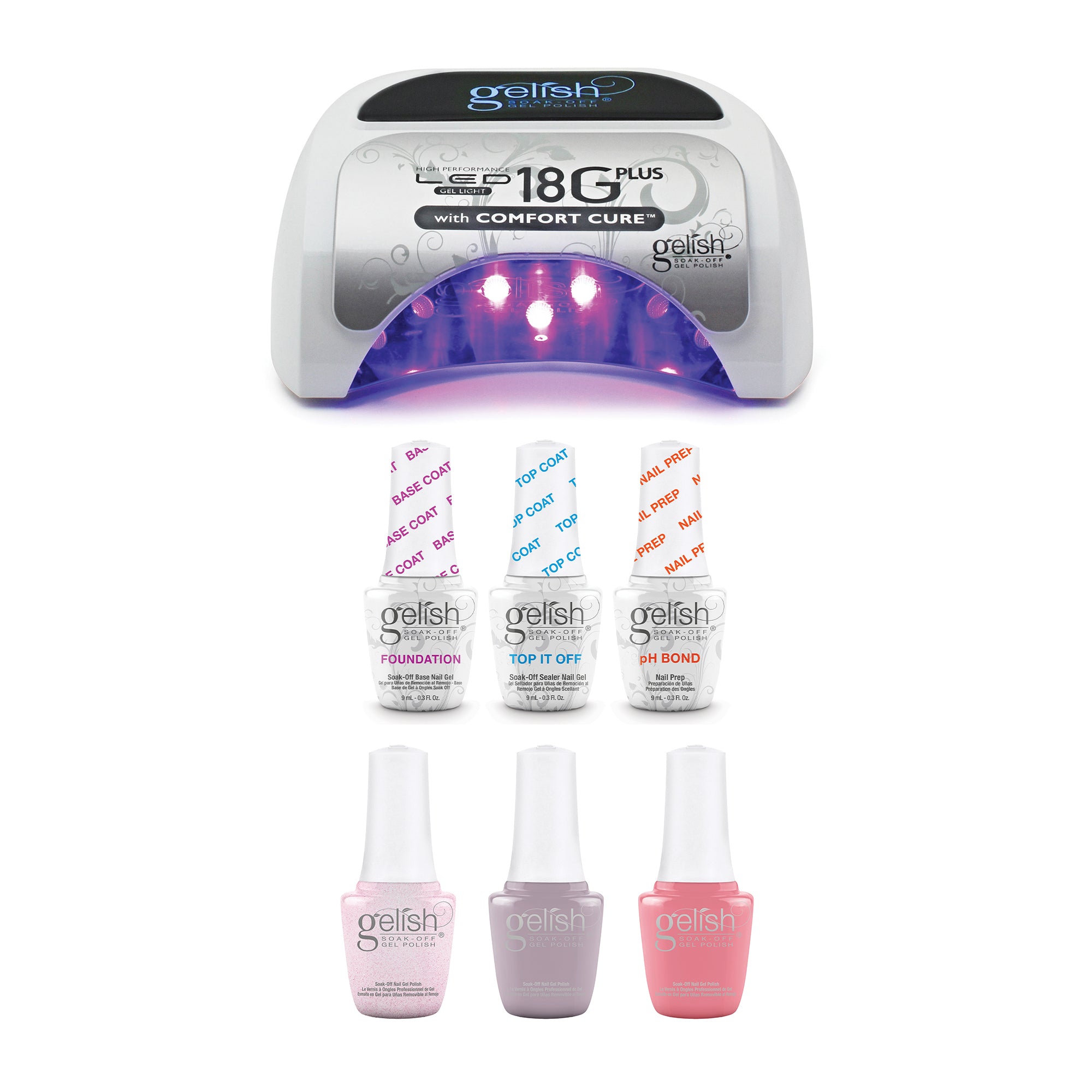 Gelish Complete Manicure Kit w/ LED Curing Light, Terrific Trio & 3 Full Bloom - VMInnovations