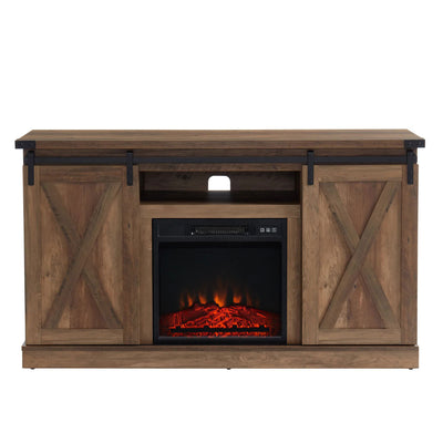 Edyo Living Electric Fireplace TV Stand Table with Sliding Barn Door, Rustic Oak