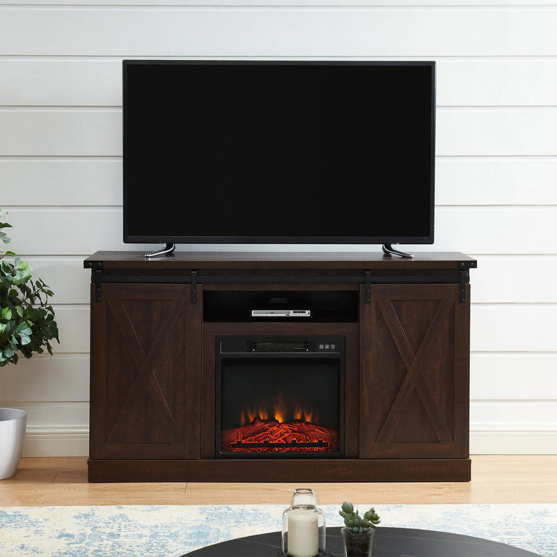 Edyo Living Electric Fireplace TV Stand Table with Sliding Barn Door, Espresso
