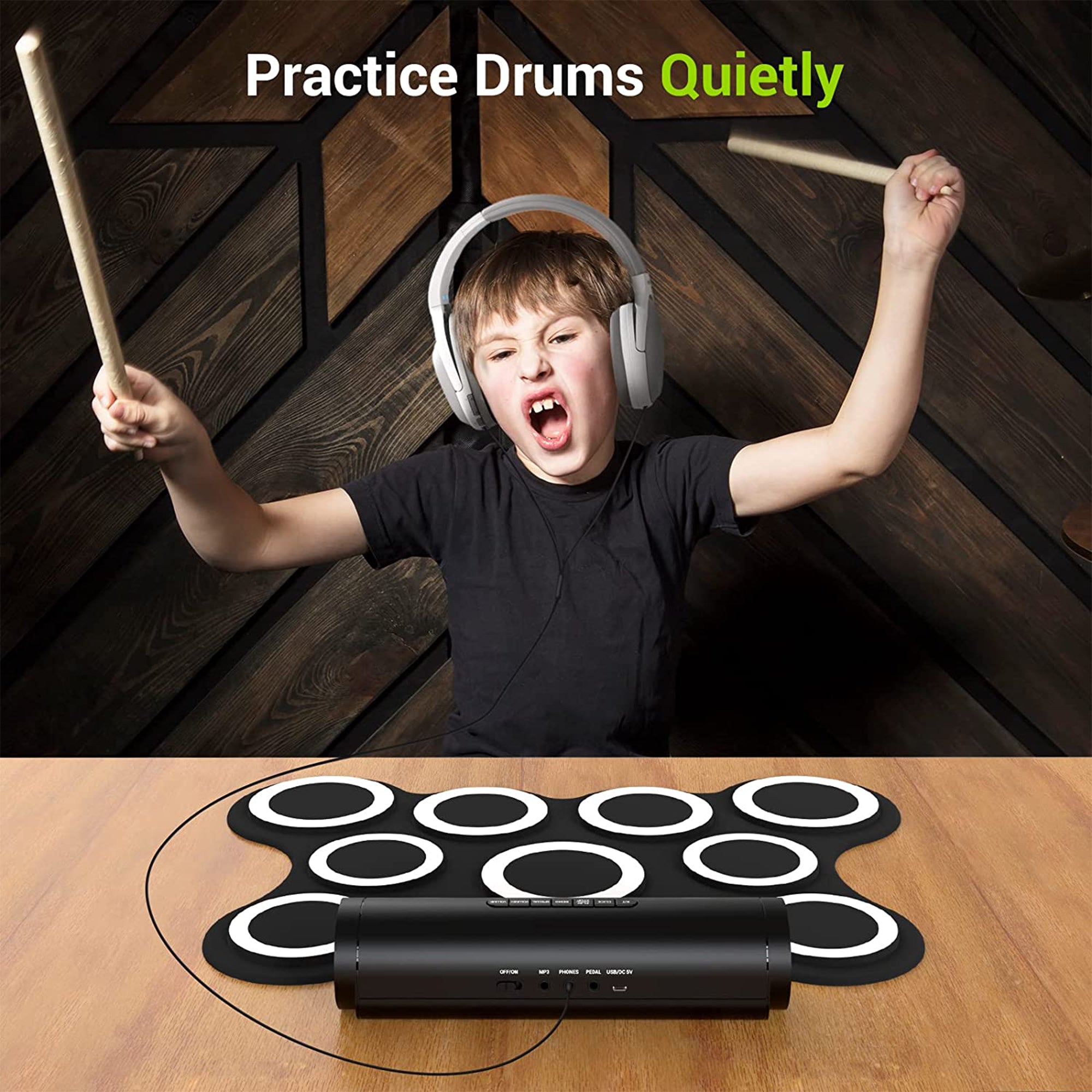 PAXCESS 9 Pad Electronic Drum Set w/ Foot Pedals, Built-In Speaker, and Battery - VMInnovations
