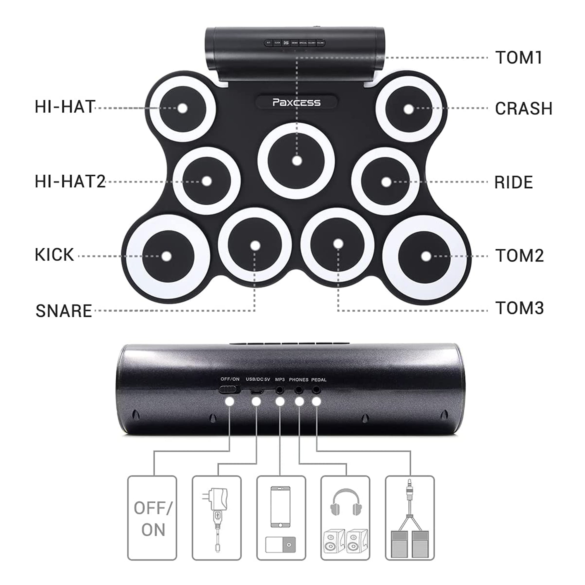 PAXCESS 9 Pad Electronic Drum Set w/ Foot Pedals, Built-In Speaker, and Battery - VMInnovations