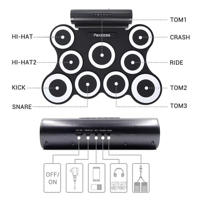 PAXCESS 9 Pad Electronic Drum Set w/ Foot Pedals, Built-In Speaker, and Battery - VMInnovations