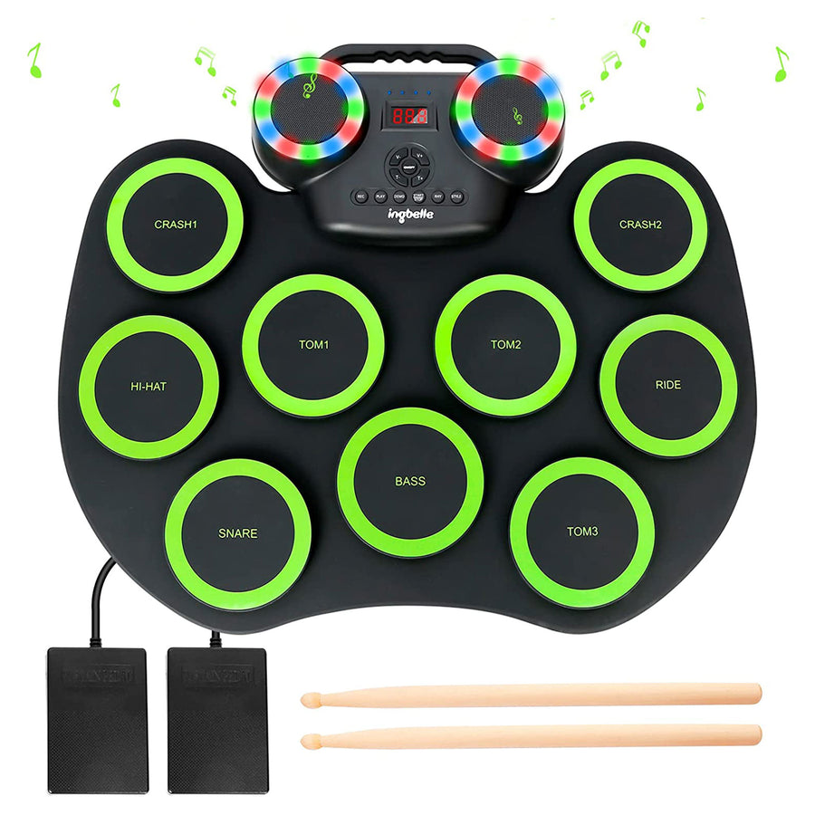 9 Pad Roll Up Electronic Drum Set with Foot Pedals, Speaker, and Lights (Used) - VMInnovations