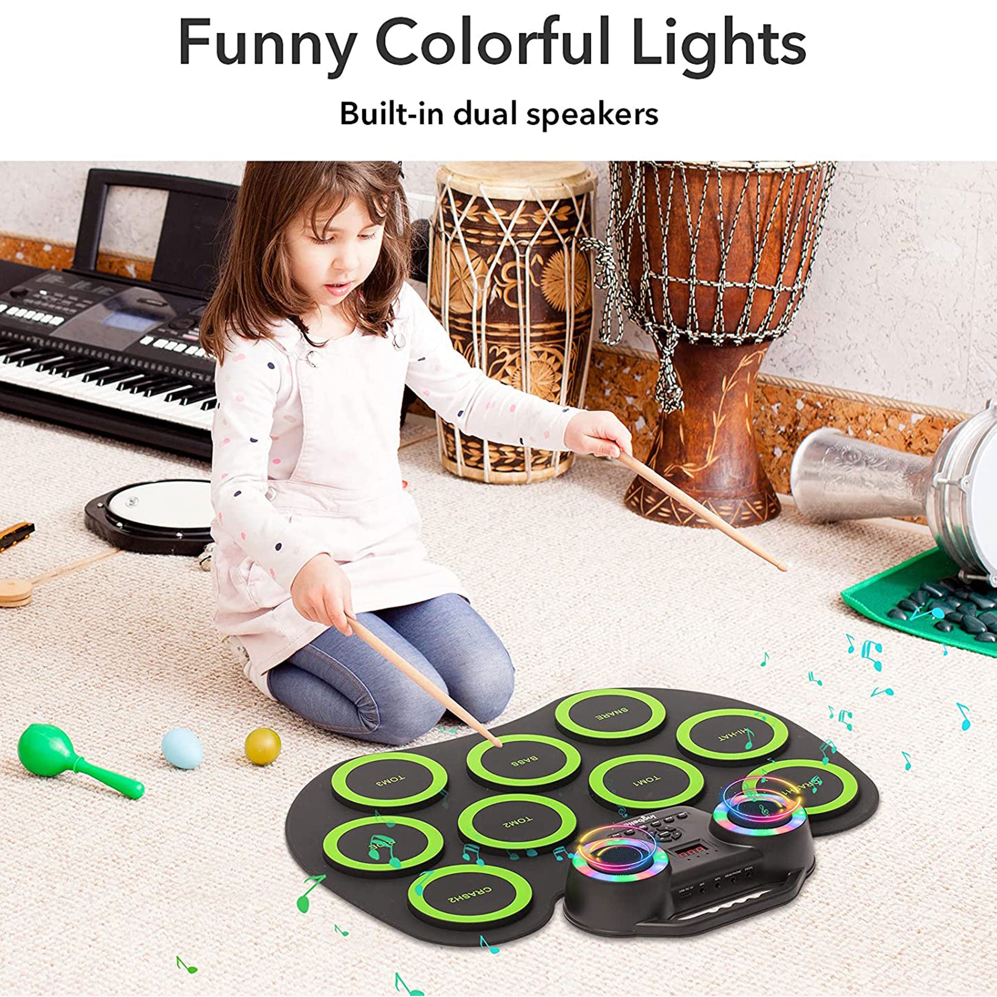 PAXCESS 9 Pad Roll Up Electronic Drum Set with Foot Pedals, Speaker, and Lights - VMInnovations