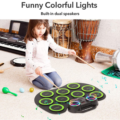 9 Pad Roll Up Electronic Drum Set with Foot Pedals, Speaker, and Lights (Used) - VMInnovations