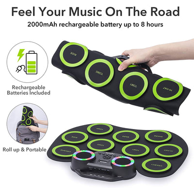 9 Pad Roll Up Electronic Drum Set w/ Foot Pedals, Speaker, and Lights (Open Box) - VMInnovations