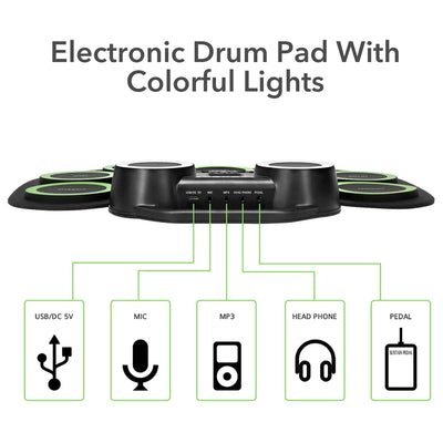 9 Pad Roll Up Electronic Drum Set w/ Foot Pedals, Speaker, and Lights (Open Box) - VMInnovations