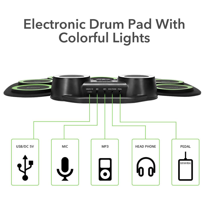 9 Pad Roll Up Electronic Drum Set with Foot Pedals, Speaker, and Lights (Used) - VMInnovations