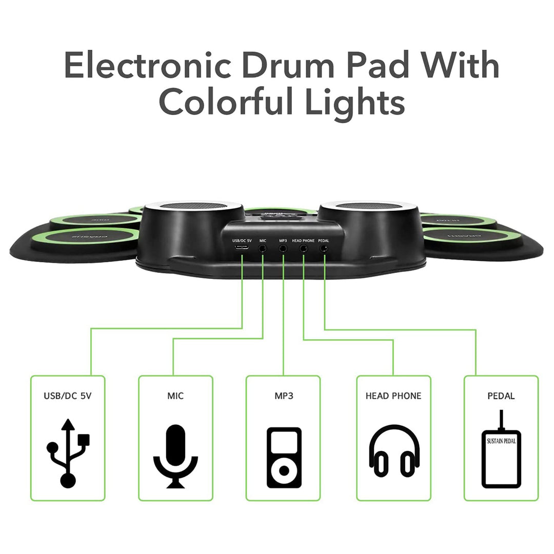 PAXCESS 9 Pad Roll Up Electronic Drum Set with Foot Pedals, Speaker, and Lights