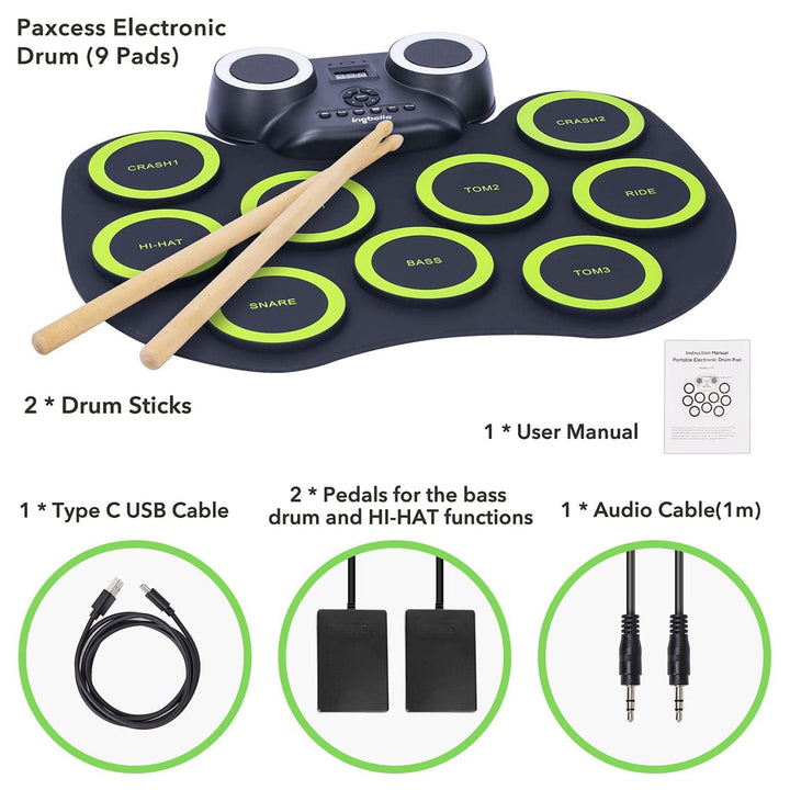 9 Pad Roll Up Electronic Drum Set with Foot Pedals, Speaker, and Lights (Used) - VMInnovations