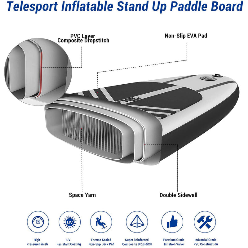 TELESPORT Inflatable Stand Up Paddleboard w/Accessories, Black (Used)