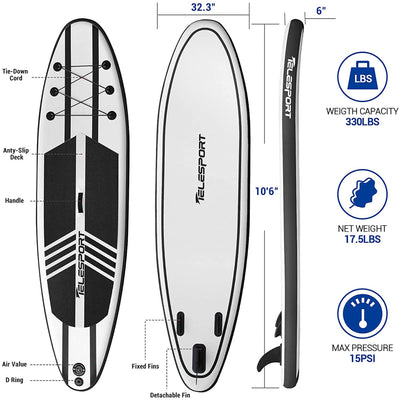 TELESPORT Inflatable Stand Up Paddleboard w/Accessories, Black (Used)