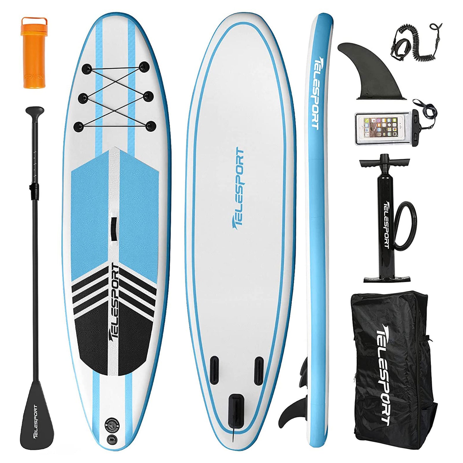 TELESPORT Paddle Boards Inflatable Paddleboard w/Accessories, White & Blue(Used) - VMInnovations