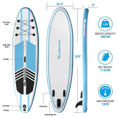 TELESPORT Paddle Boards Inflatable SUP Paddleboard w/ Accessories, White & Blue