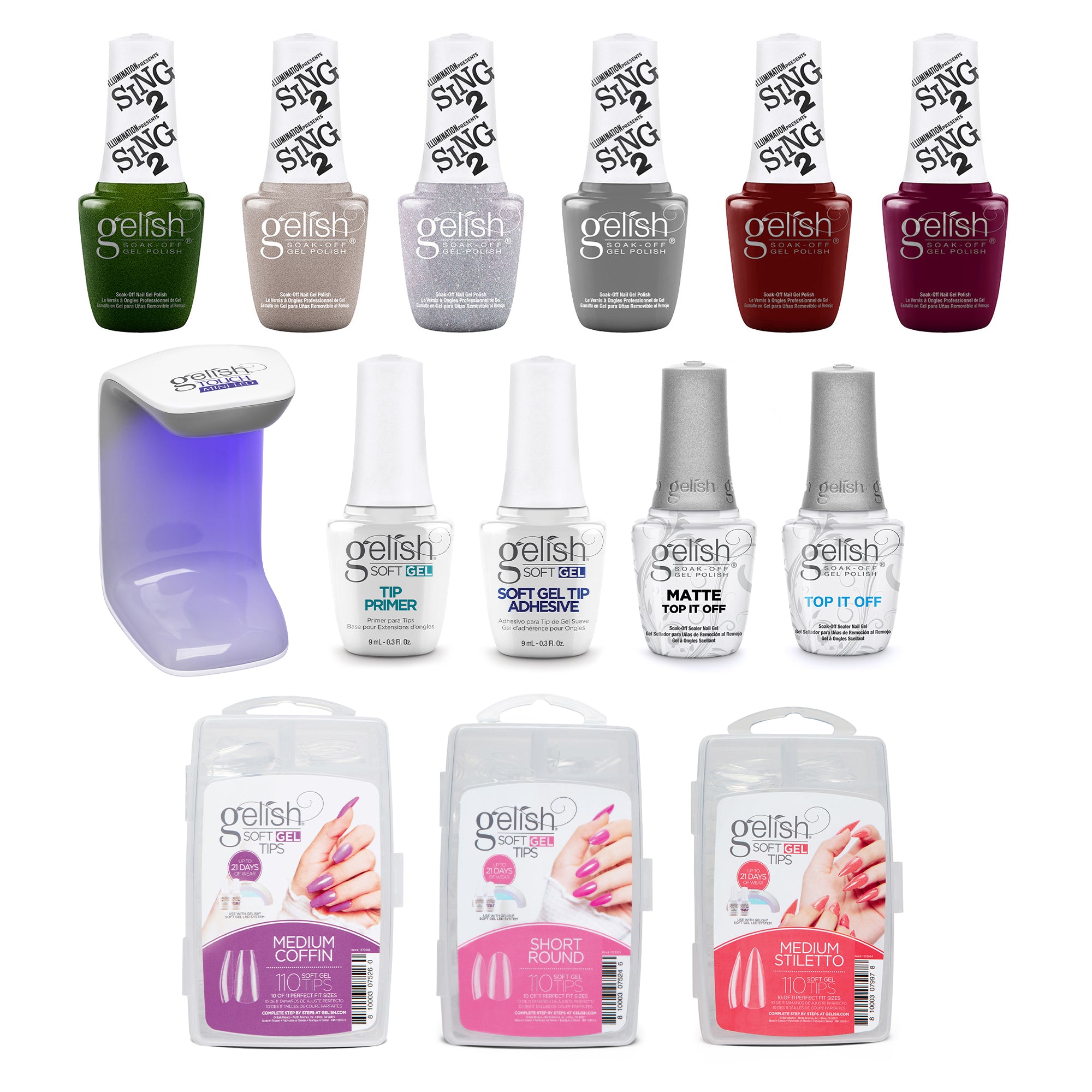 Gelish Mini Winter Sing 2 Gel Polish Set, 330 Count Nail Tip Kit, and Clear Coat