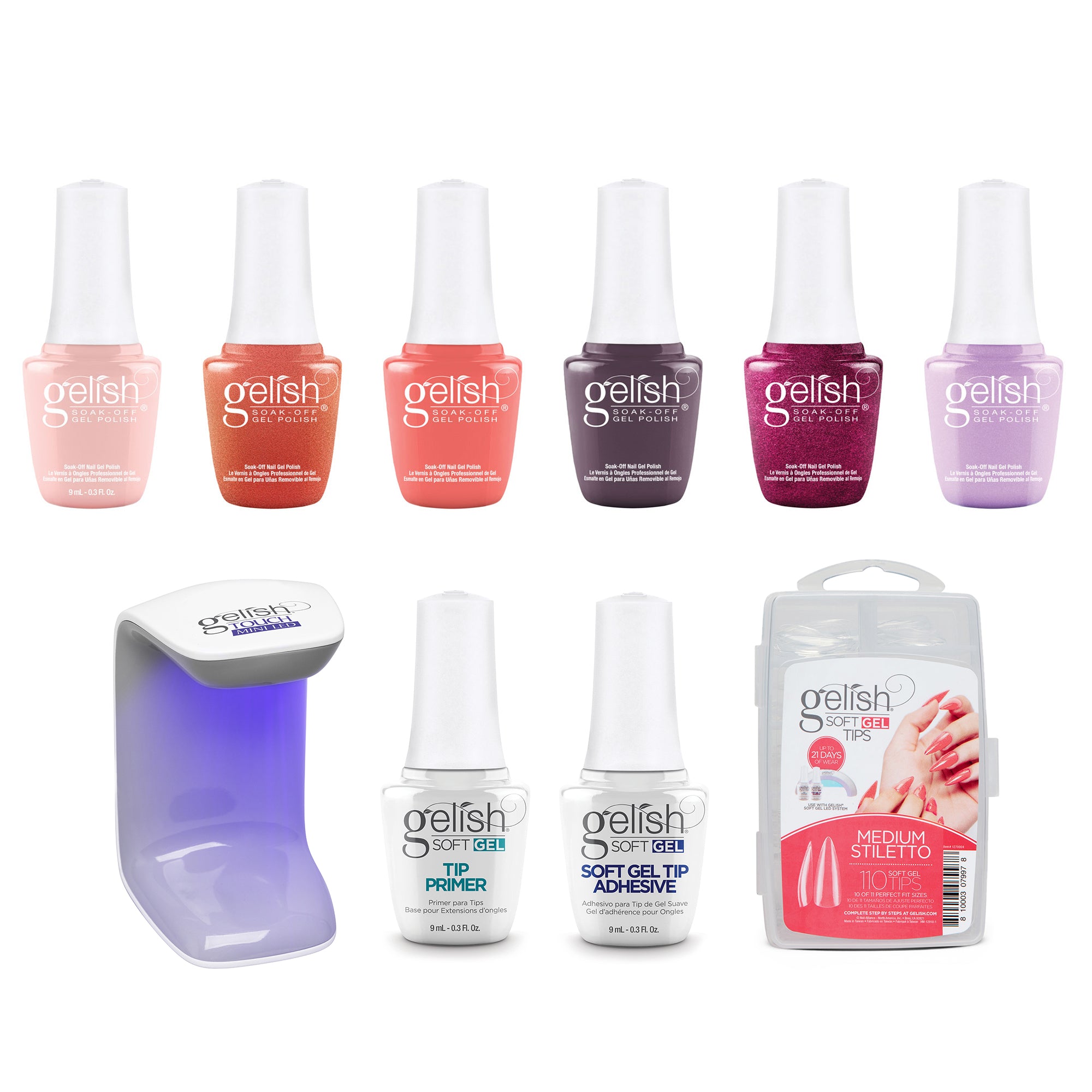 Gelish Shimmer Sunrise Gel Nail Polish Set w/ 110 Stiletto Tips Kit & LED Light - VMInnovations