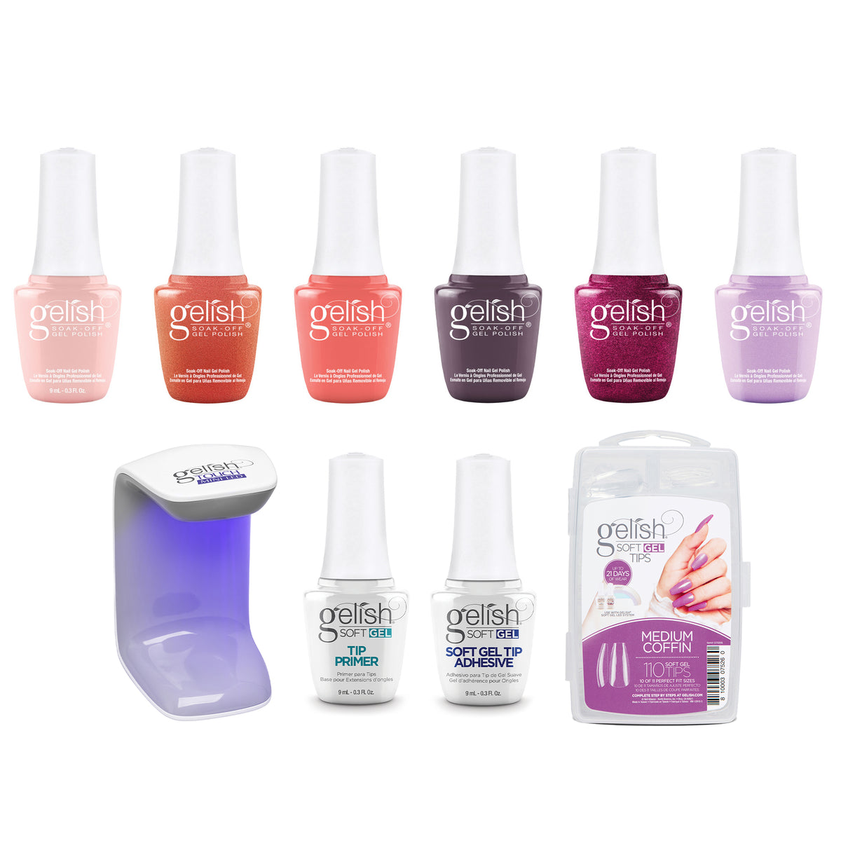 Gelish Shimmering Sunrise Gel Polish Set, 6 Pack and 110 Count Medium Coffin Kit