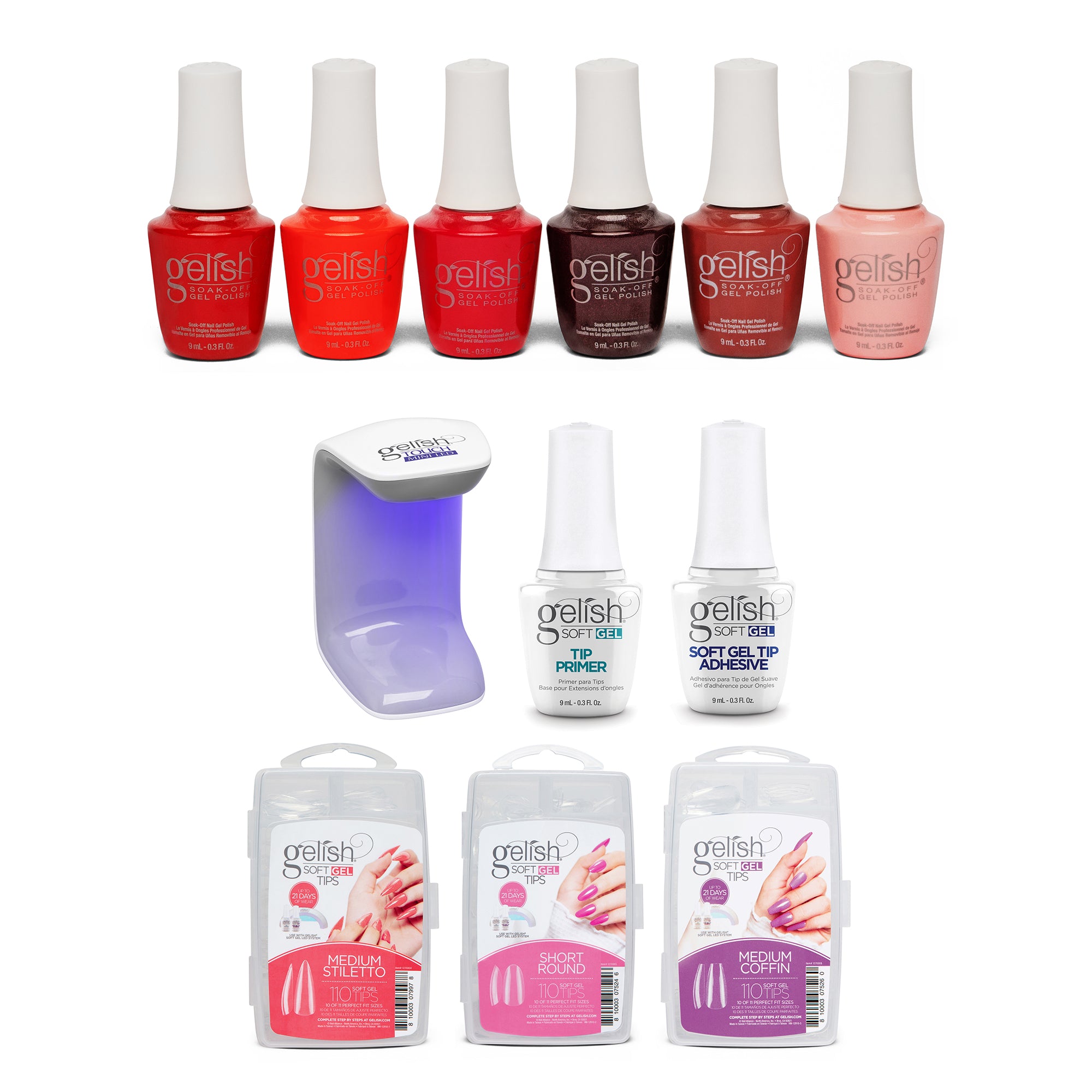 Gelish Mini Core 9mL Polish Set, Reds of the Year with 330 Count 3 Type Nail Kit