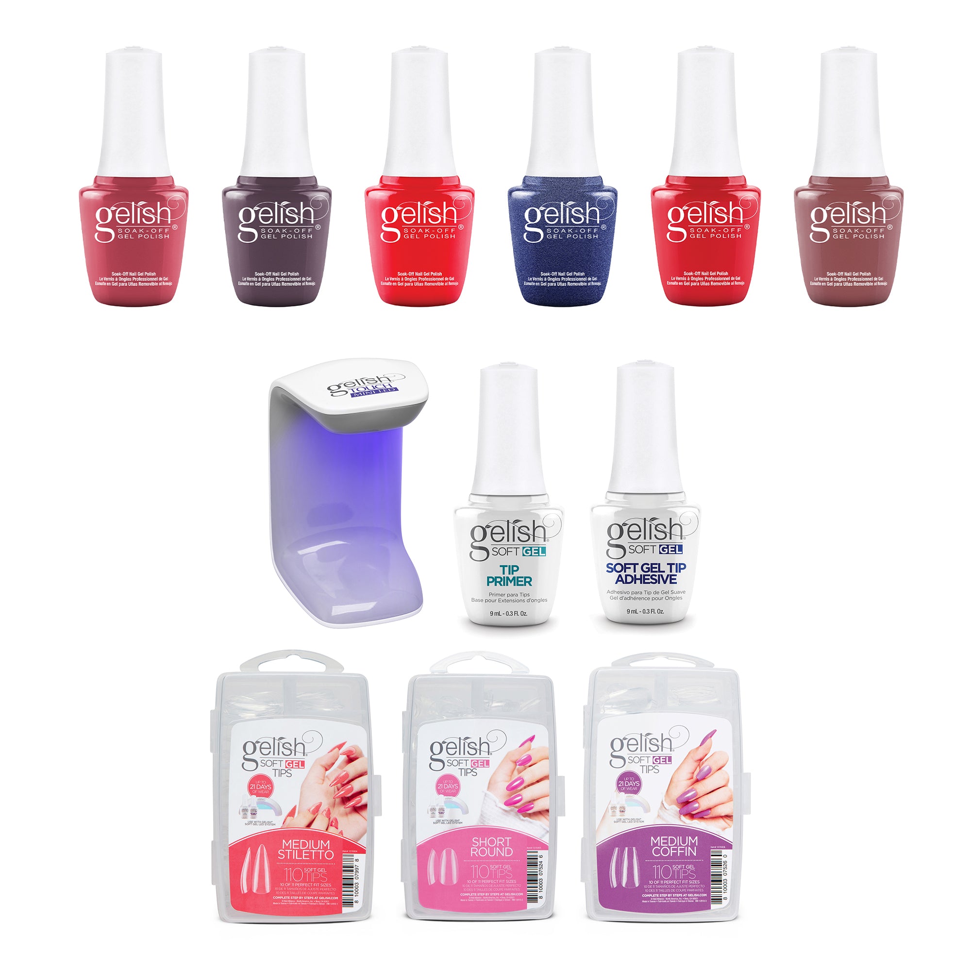 Gelish Mini Midnight Caller 9mL Polish, 6 Pack with 330 Count 3 Type Nail Kit - VMInnovations